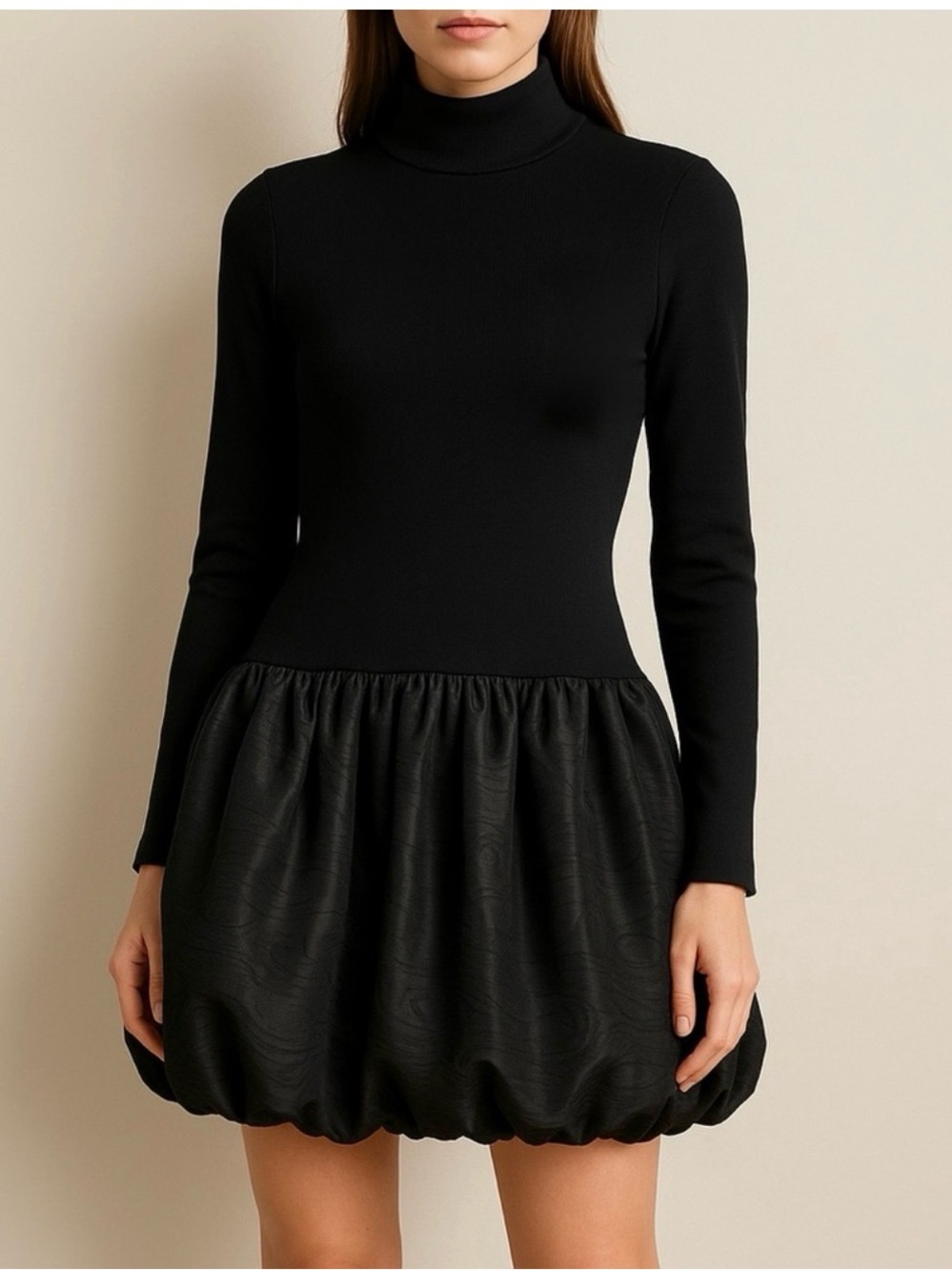 Rachel Parcell Black Turtleneck Long-Sleeve Bubble-Hem Dress